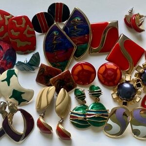 22 Piece 1980s-1990s Gold Tone Enamel Colorful Pierced Earrings Lot